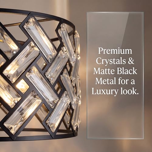 Black Drum Chandelier 16in Crystal Pendant Light for Dining & Kitchen - Criss Cross Variation