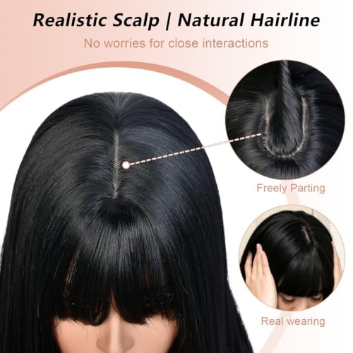 Black Layered Wig with Bangs for Women - 26 Inch Synthetic Long Hair, Realistic Scalp, Glueless & Heat-Resistant, Lightweight & Trendy - Cmorry