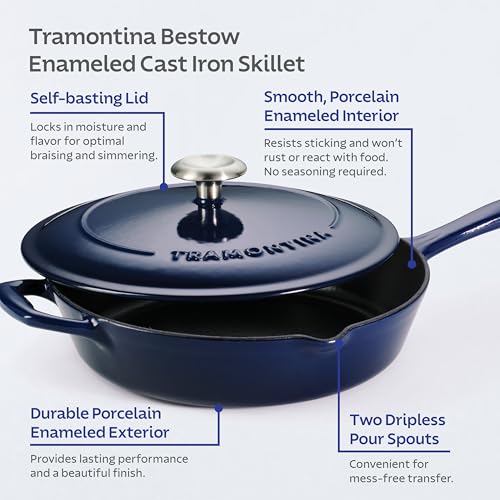 12-Inch Enameled Cast Iron Skillet with Lid - Blue, Durable Nonstick Surface
