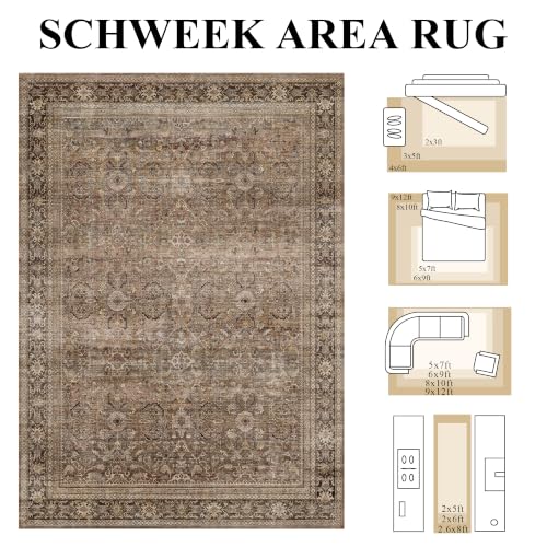Brown 8x10 Vintage Washable Area Rug for Living Room - Distressed Floral Pattern