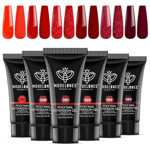 modelones Poly Nail Gel Set, 6 Colors Popular Red Collection Bright Wine Burgandy Glitter Poly Extension Gel Dark Bloody Red Builder Starter Home DIY Manicure Nail Art Gift