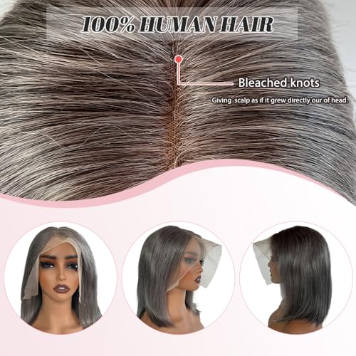 Straight Salt & Pepper Grey Short Bob Lace Front Wig 12 Inch - No Shedding