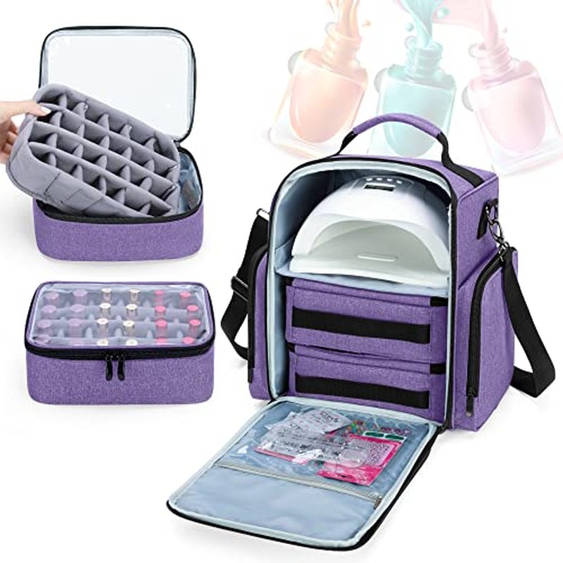 BAFASO Nail Polish Organizer Holds 48 Bottles (15ml - 0.5 fl.oz) and a Nail Lamp, Large Nail Polish Case with 2 Removable Pouches and Multiple Storage Sections (Patented Design), Purple