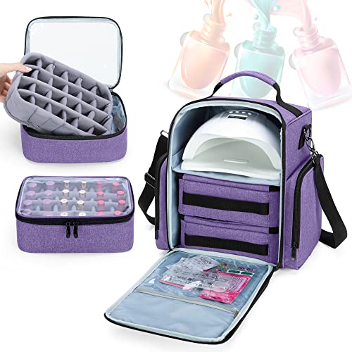 BAFASO Nail Polish Organizer Holds 48 Bottles (15ml - 0.5 fl.oz) and a Nail Lamp, Large Nail Polish Case with 2 Removable Pouches and Multiple Storage Sections (Patented Design), Purple