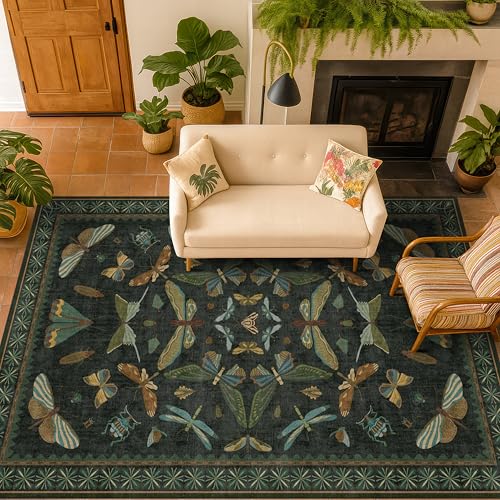 Hazo Haus 5'x7' Dark Green Fairy Insect Area Rug, Washable Non-Slip Carpet for Living Room & Bedroom