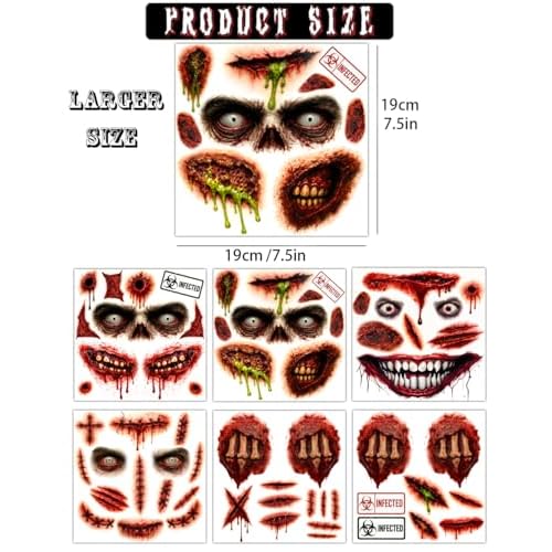 Halloween Zombie Tattoos Kit ? 6 Sheets (4 Zombie Tattoos + 2 Wound Tattoos) ? Fake Scars Temporary Tattoos for Adults, Women, Men ? Realistic Zombie Makeup Kit, Scary Halloween Makeup Accessories (A)