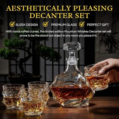 Mountain Whiskey Decanter Set with 4 Tumbler Glasses and Wood Base - Japanese Crystal, Lead-Free, 750ml