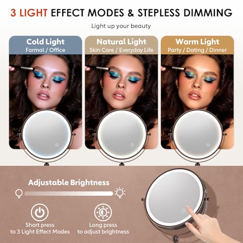 9" Wall Mounted Lighted Makeup Mirror,4000mAh Rechargeable Double Sided 1X/20X Magnifying Mirror with Light,Touch Dimmable,Extended Arm 360 Rotation Wall Mounted Makeup Mirror 3 Color Lights-Bronze