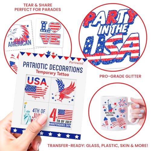 Partywind 60 Pcs Labor Day Decorations, Glitter USA Patriotic Tattoos Sticker, 4th of July Outfits for Women, Red White and Blue Accessories, Memorial Day, Independence Day Party Favors
