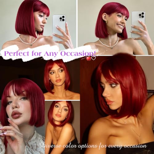 Red Short Bob Wig with Bangs - 12 Inch Synthetic Wig for Women & Girls - CURLCRAZY