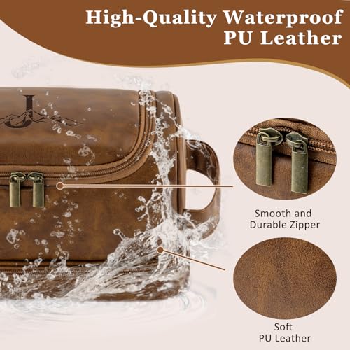 Travel Toiletry Bag for Men - Personalized Initials Leather Organizer, Light Brown D