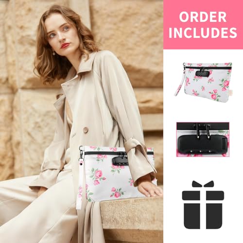 Pink Rose Travel Pouch - Waterproof with Combination Lock, 8 Accessories and Gift Box