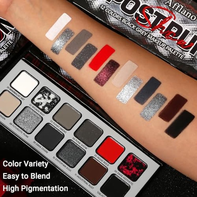 Afflano Goth Makeup Gray Black Eyeshadow Palette, Grunge Smokey Eye Eyeshadow Palette Highly Pigmented, Blendable Chrome Glitter Silver White Grey Dark Red Eye Shadow Palette, Emo SFX Halloween Makeup