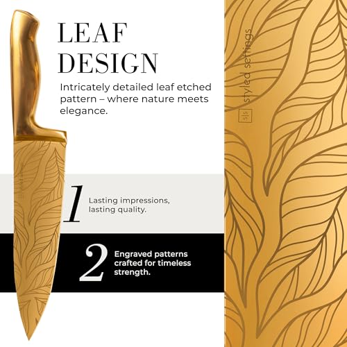 Gold and White Knife Set with Floral Pattern and Built-In Sharpener - 14-Piece with Knife Block (Off White Handle, Gold Blade & White Block)