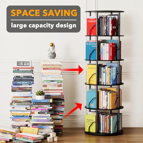 5 Tier Rotating Bookshelf Tower - 55.1 Inch Black Spinning Bookcase, Space Saving Corner Organizer