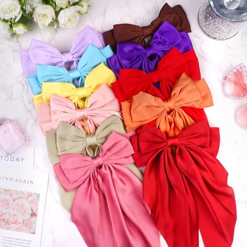 Large Satin Hair Bows Set - 32 Colorful Oversized Hair Ribbons with Long Tails for Women & Girls - Non-Slip Hair Clips & Elegant Styling