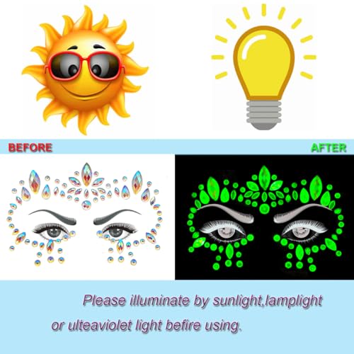 8Sets Noctilucent Face Gems Body Stickers Glow in the Dark Luminous Face Jewels fluorescent face tattoo crystals rhinestone sticker body jewelry for Halloween