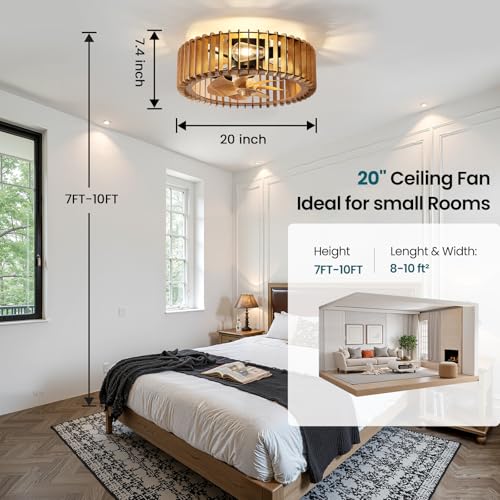 Wooden Flush Mount Ceiling Fan with Light and Remote - Farmhouse Style, Light Wood Variations