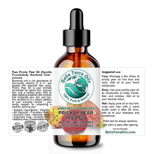 Bella Terra Oils - Prickly Pear Seed Oil 2 oz - Cold-Pressed Excellence, Packed with Vitamin E, Linoleic Acid, and Betalains, A Luxurious Touch for the Face