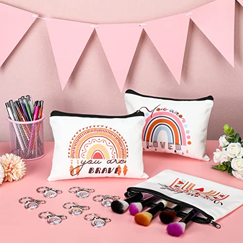 Chunful 36 Pcs Rainbow Canvas Makeup Bags Inspirational Gifts Bulk Keychains and Pastel Pens Motivational Cosmetic Bag for Women Appreciation Gifts Birthday Party Favors