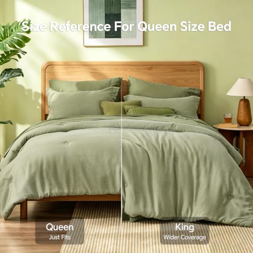 Queen Sage Green Comforter Set 7 Pieces - Linen Texture Bed in a Bag