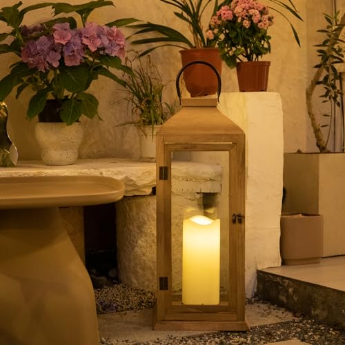Bdor 2 Pack 22.5 Inch Outdoor Wooden Lanterns with LED Candles - Porch Decor