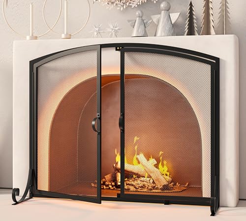 Large Fireplace Screen with Double Doors - Heavy Duty Steel, Black, Childproof, 37.8"W x 30.7"H