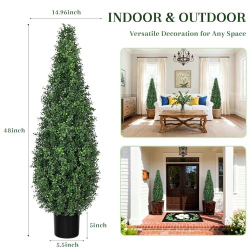 48-Inch Artificial Boxwood Topiary Trees with Black Pots - Set of 2