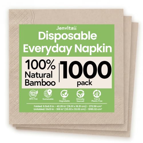 100% Bamboo 2-Ply Napkins 1000 Pack 6.5 x 6.5 Inch Brown - Eco-Friendly Dinner & Party Napkins