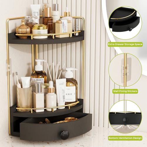 2-Tier Corner Bathroom Counter Organizer with Drawer Black Gold 7.68" x 7.68" x 15.75"