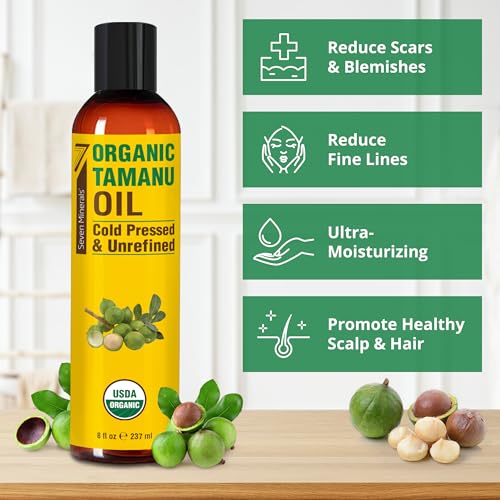 Seven Minerals USDA Organic Tamanu Oil - Big 8oz (240ml) - Cold Pressed & 100% Pure Tamanu Organic for Skin, Face, Hair, & Nails - GMO & Hexane Free Nutrient Dense Carrier Oil that Absorbs Easily