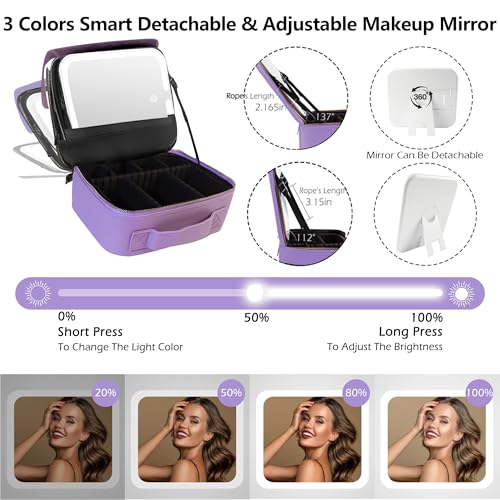 MOMIRA Travel Makeup Bag Cosmetic Bag Makeup Organizer Bag with Lighted Mirror, Adjustable Brightness in 3 Color Scenarios, Waterproof Makeup Train Case, Gift for Women - Violet(Woven)