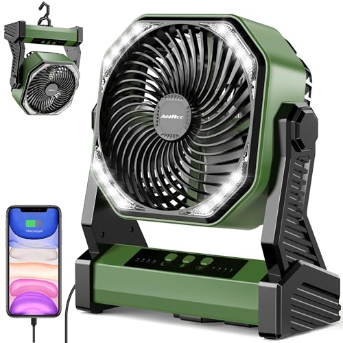 Green 20000mAh Rechargeable Camping Fan with 400LM Light & 360° Hook
