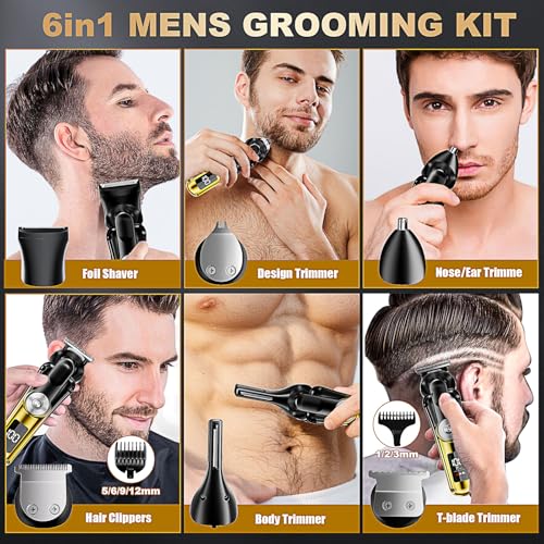 Gzbdz 6-in-1 Waterproof Men’s Beard & Hair Trimmer Kit with T-Blade, Nose & Body Groomer
