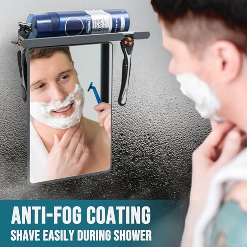 Fogless Shower Mirror with Suction Mount and Storage Rack - Grey, Rectangular, 10.1"L x 9.8"W