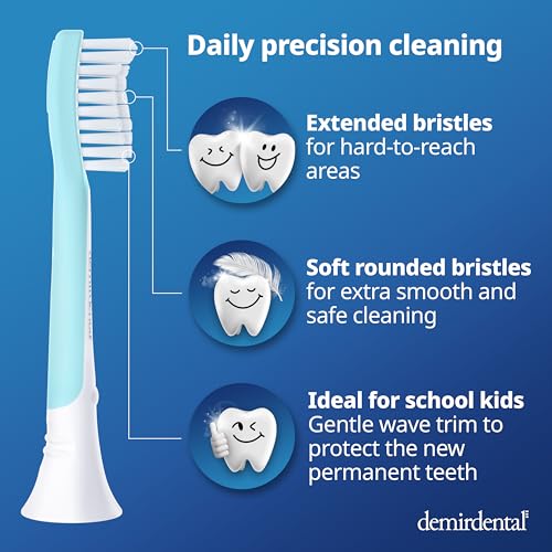 demirdental 8-Pack Kids Toothbrush Heads for Philips Sonicare Ages 7+ Turquoise