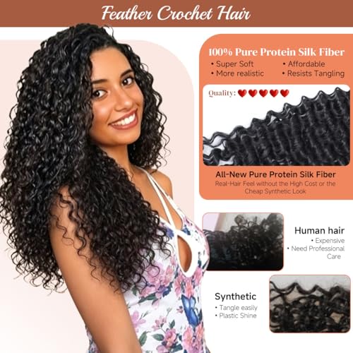 Lounoke Deep Wave Feather Crochet Hair 12in 1B Human Hair Blend, Natural Look