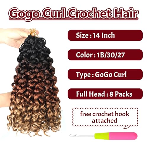 Datanala GoGo Curl Crochet Hair 14 Inch Water Wave 8 Packs Long Beach Curl Synthetic Extensions T1B/30/27