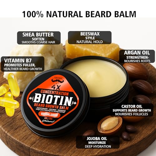 Biotin Beard Growth Balm for Men ? Conditioning Balm with Castor, Shea & Jojoba Oils to Condition, Soften & Thicken Facial Hair ? Non-Greasy, Sandalwood Scent ? 2 oz Grooming Kit