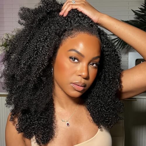 MSGEM Afro Kinky Curly Half Wig Human Hair 16 Inch 220% Density Glueless & Beginner Friendly