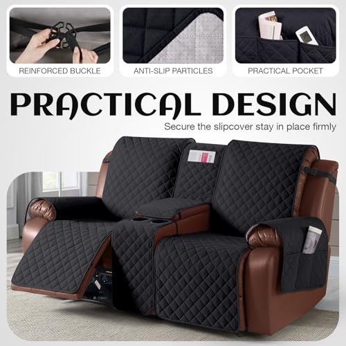 KinCam Waterproof Loveseat Recliner Cover Black 2 Seater with Console