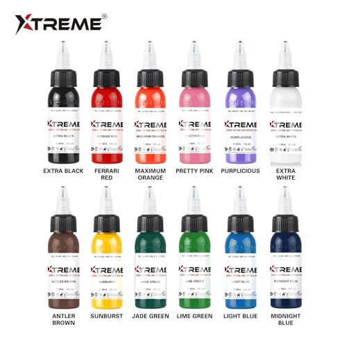 Xtreme Inks Primary Color Set 12-Pack - 0.5 oz Vegan Tattoo Inks for Lifelike Artwork