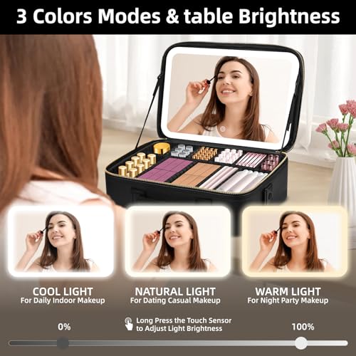 Large Travel Makeup Bag with LED Mirror - Black, 15 Inch