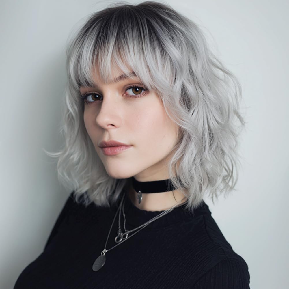 EssionTech Short Silver Wigs for Women Ombre Grey Wavy Bob Wig with Bangs Medium Length Synthetic Hair Water Wave Dark Roots Wig Gray Colorful Wigs（14 Inches）