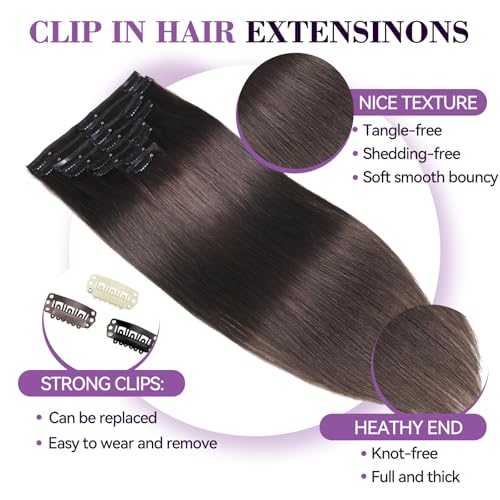 Dark Brown 14 Inch Human Hair Clip-In Extensions 80g Seamless Double Weft