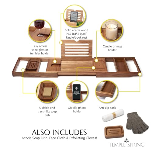 Temple Spring Wooden Bathtub Tray, Acacia Bathroom Accessories, Bath Tray for Tub, at Home Spa Essentials, Board for Tub Table, Bath Caddy for Bathtub Accessories & Bathroom Essentials - Not Teak
