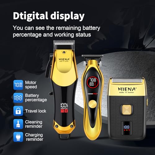 HIENA PRO Professional Hair Clippers Set, Cordless Hair Clipper for Barber Kit, USB-C Rechargeable Barber Clippers for Men with LED Display