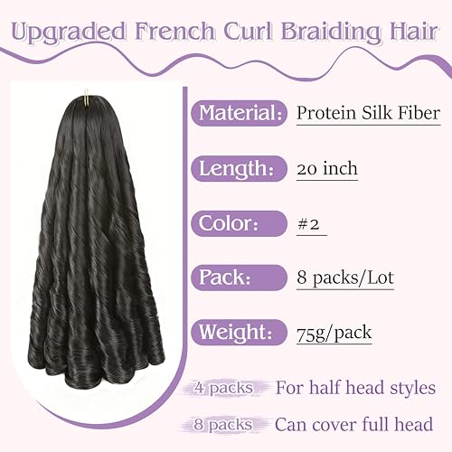 2# French Curl Braiding Hair 20 Inch Pre-Stretched Bouncy Crochet Extensions - 8 Packs