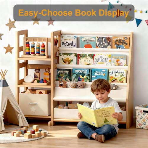 CACEJO Cream White 3-Tier Kids Bookshelf Toy Storage Organizer for Nursery