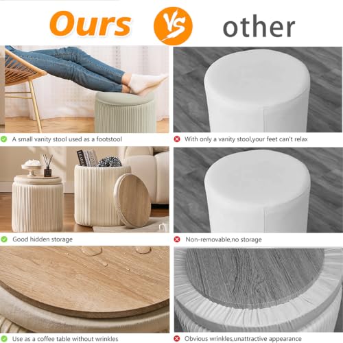Cream Velvet Storage Ottoman Set of 2, Round Footstools with Hidden Storage